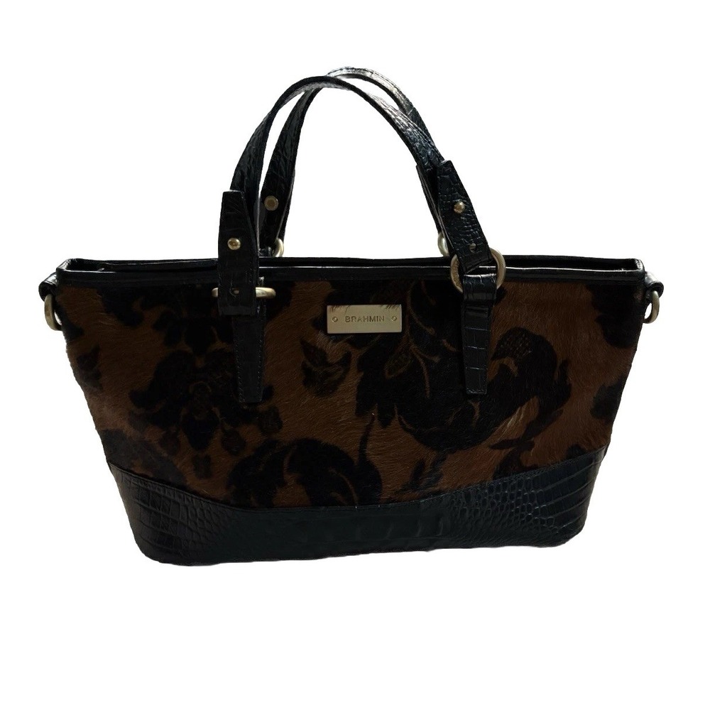 Brahmin Floral Haircalf Satchel Brown Black Croc Embossed Leather Trim Handbag